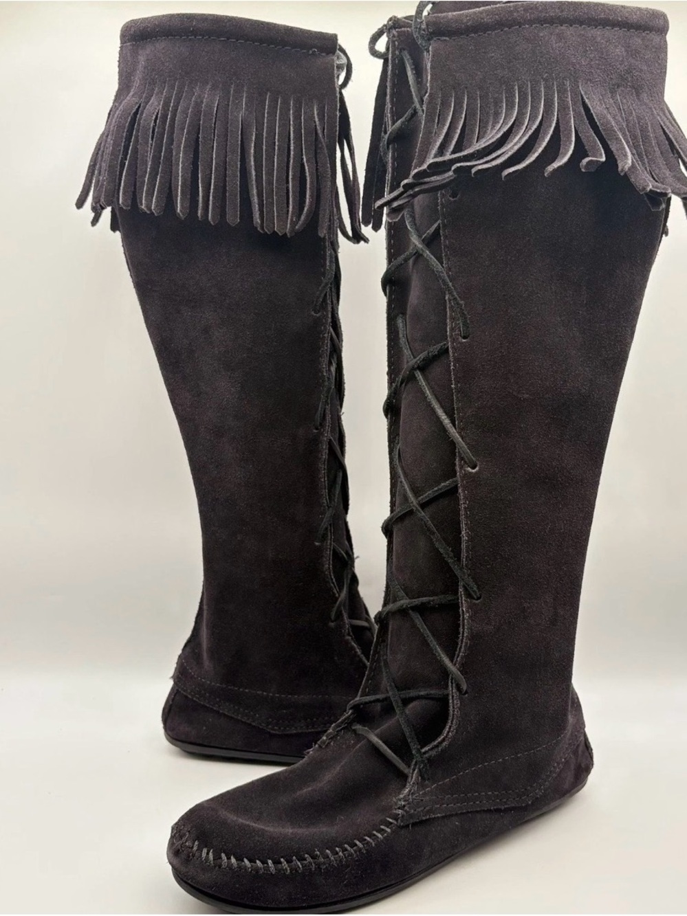 Minnetonka Black Suede Fringe Lace-Up Over-the-Knee Boots